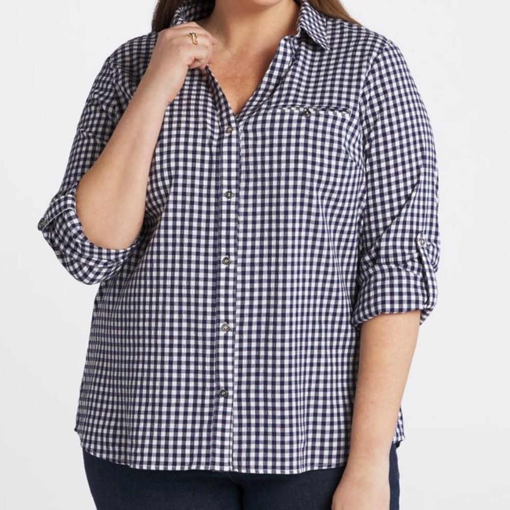 Kut From The Kloth Feena Button Down Textured Navy Gingham Blouse Size Medium